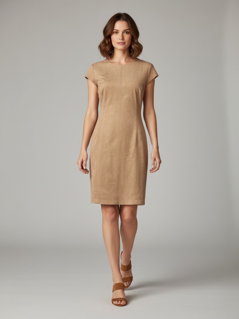 Katherine Barclay Montreal Elegant Beige Vegan Suede Cap Sleeve Dress size 8